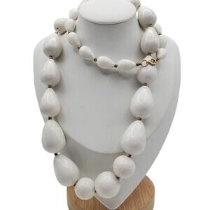 White Teardrop Graduated Necklace 31 1/2" Long Vintage Chunky Acrylic Gold Tone